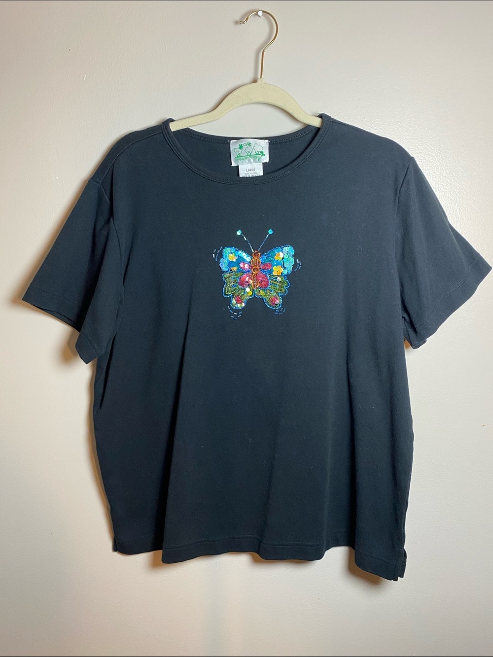 The Quacker Factory Black Tee Beaded Sequin  Colorful Butterfly Tee Large